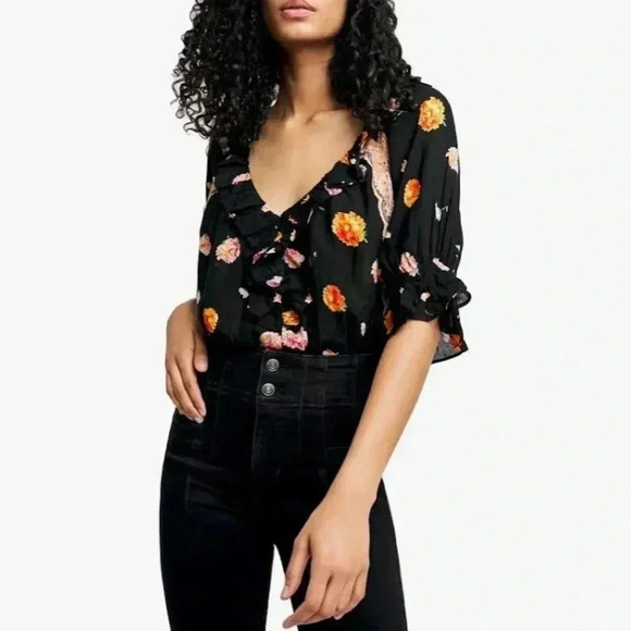 NWT Free People Intametly Poppy Printed Bodysuit Black Combo - Picture 1 of 12